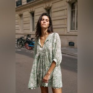 Daughters of India Kyra Mini Dress Cotton Boho Floral Flowy Jade Green Sz S